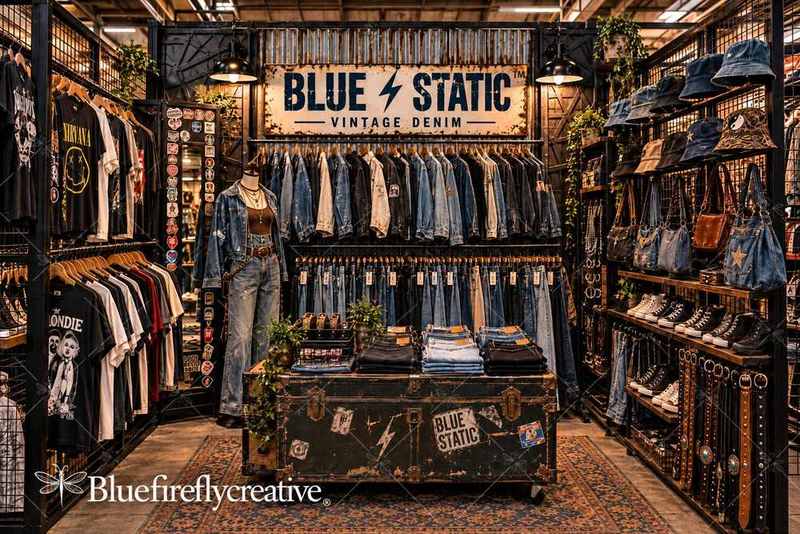 The Blue Static booth — denim jackets, jeans, band tees and accessories