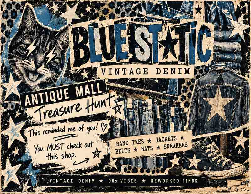 Blue Static Vintage Denim collage — inside Treasure Hunt Antique Mall: band tees, jackets, belts, hats and sneakers