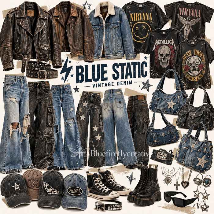 Blue Static goods: band tees, leather jackets, distressed denim, denim bags and boots