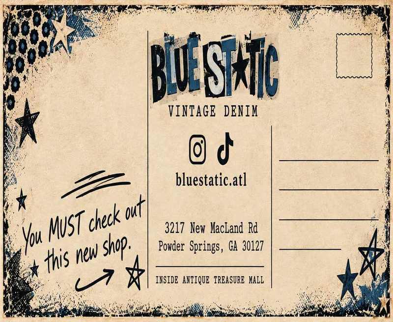 Blue Static postcard with booth address and socials
